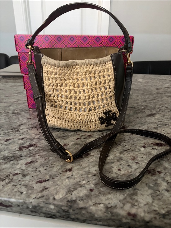 Tory Burch Handbags - Tory Burch Beige Crochet Crossbody with Dark Brown Leather Trim